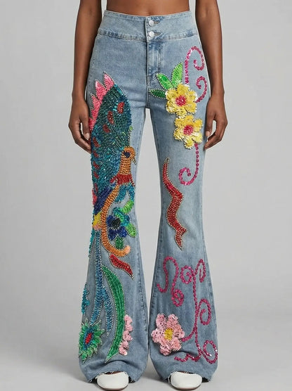 Light Blue Sequin and Beaded Flare Denim Jeans - Small - Jeans & Pants