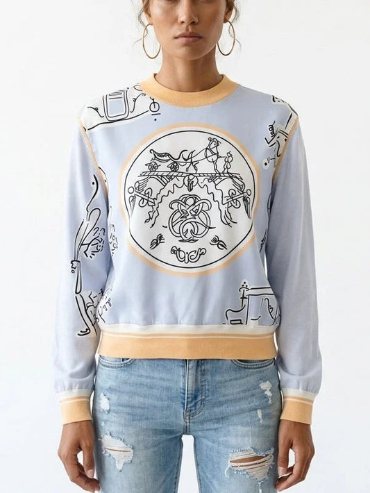 Light Blue Silk Equestrian Graphic Print Sweater - Small - Sweaters & Knitwear