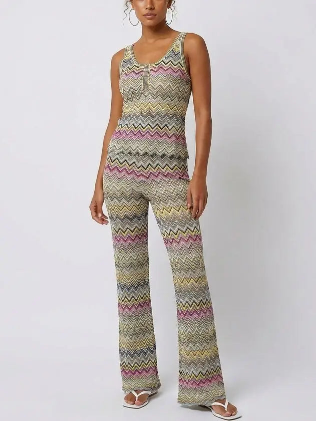 Light Multicolor Chevron Knit Tank Top and Pant Set - S - Suits & Sets