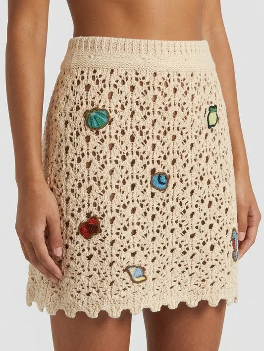 Light Beige Cotton Silk Crochet Embroidered Mini Skirt - Skirts