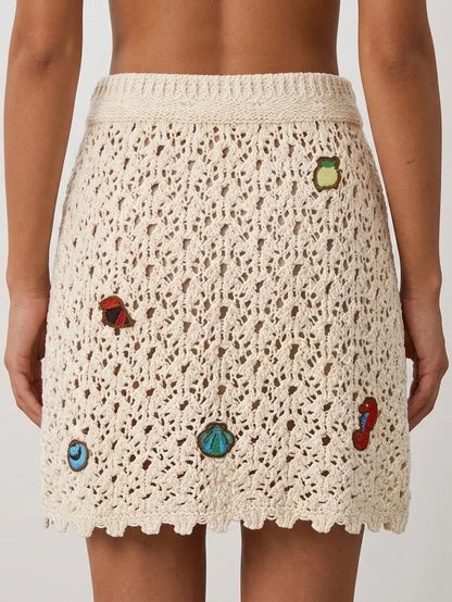 Light Beige Cotton Silk Crochet Embroidered Mini Skirt - Skirts