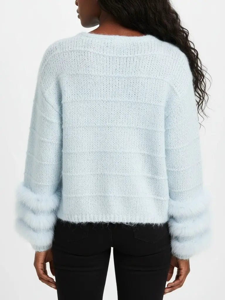 Light Blue Faux-Fur Trim Knit Cardigan - Sweaters & Knitwear