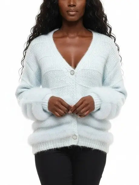 Light Blue Faux-Fur Trim Knit Cardigan - Sweaters & Knitwear