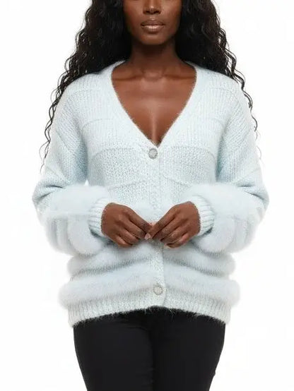 Light Blue Faux-Fur Trim Knit Cardigan - Sweaters & Knitwear
