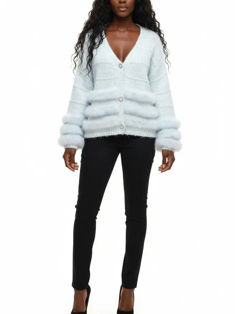 Light Blue Faux-Fur Trim Knit Cardigan - Sweaters & Knitwear