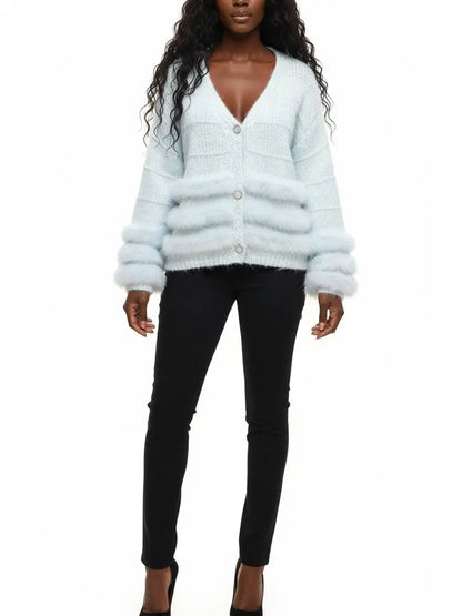 Light Blue Faux-Fur Trim Knit Cardigan - Sweaters & Knitwear