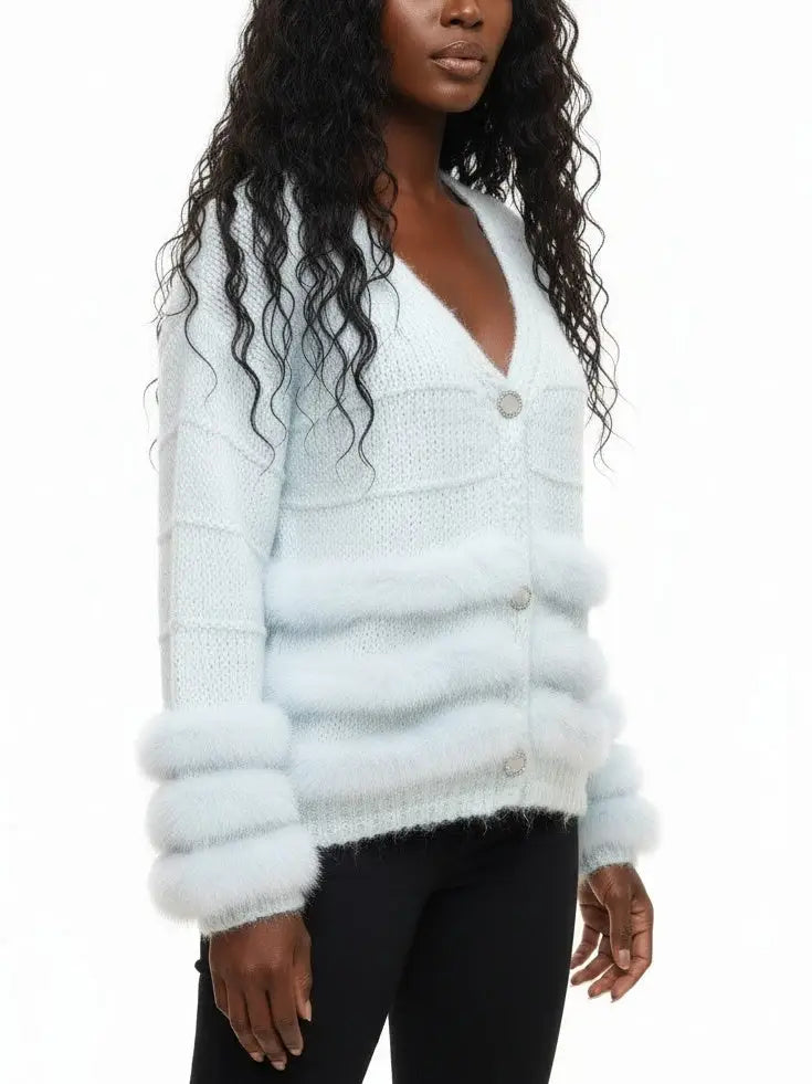 Light Blue Faux-Fur Trim Knit Cardigan - Sweaters & Knitwear