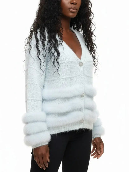 Light Blue Faux-Fur Trim Knit Cardigan - Sweaters & Knitwear