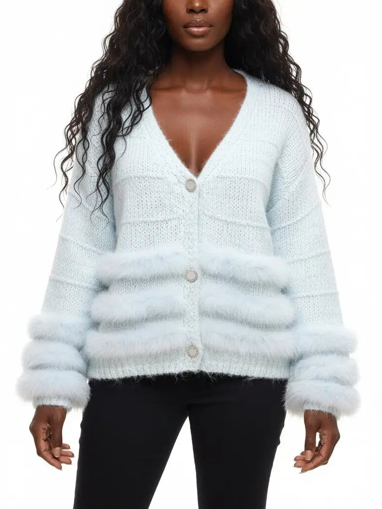 Light Blue Faux-Fur Trim Knit Cardigan - Sweaters & Knitwear