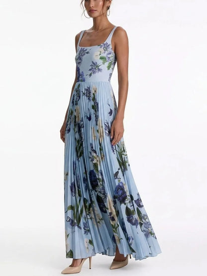 Light Blue Floral Print Pleated Maxi Dress - Dresses