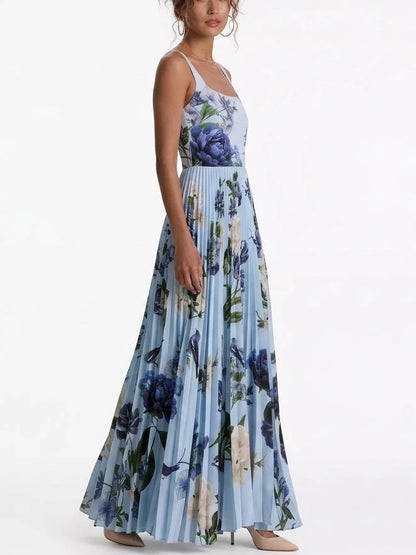 Light Blue Floral Print Pleated Maxi Dress - Dresses