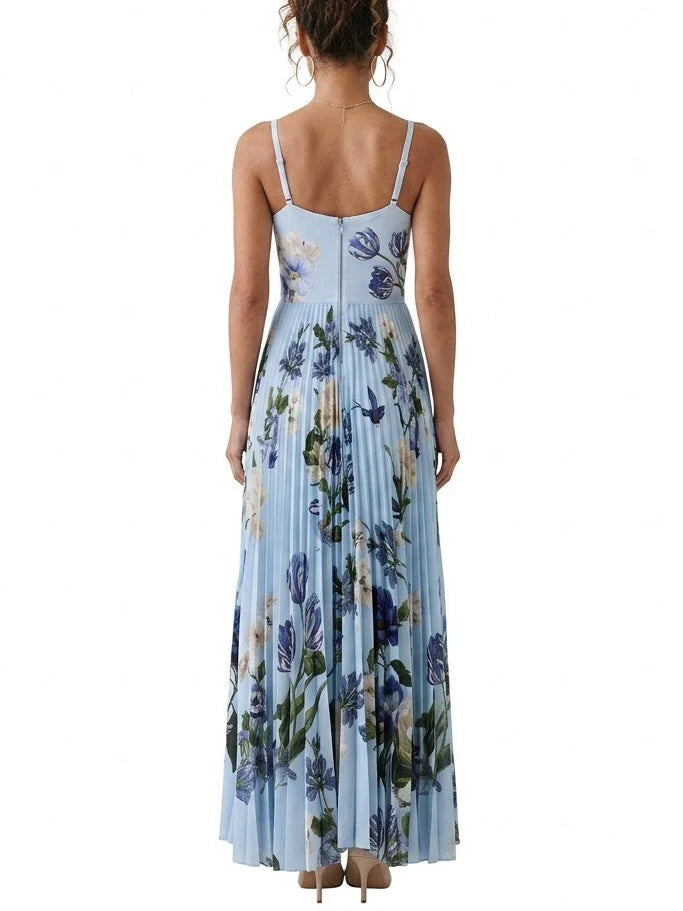 Light Blue Floral Print Pleated Maxi Dress - Dresses