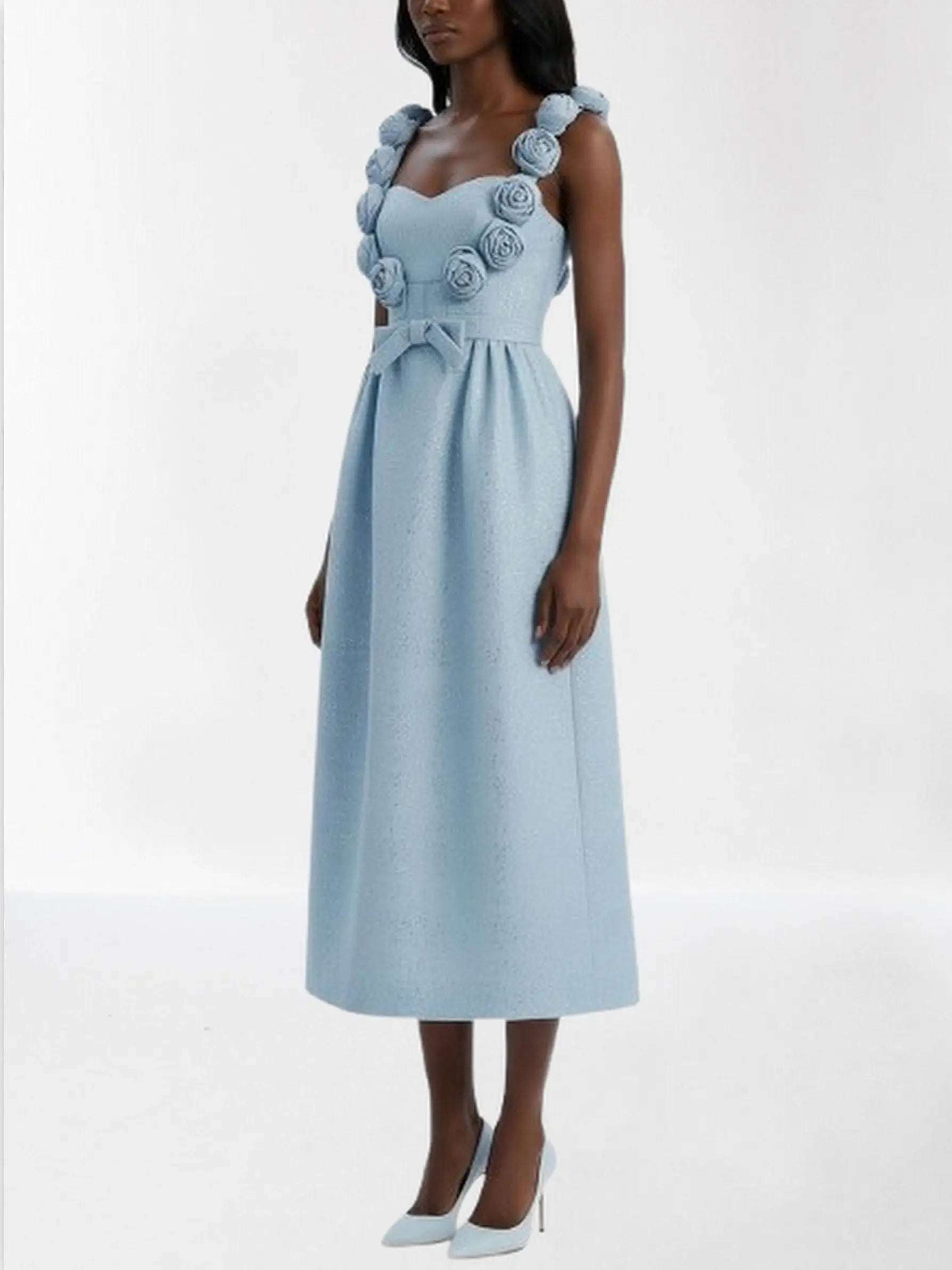 Light Blue Rosette-Embellished Midi Dress - Dresses