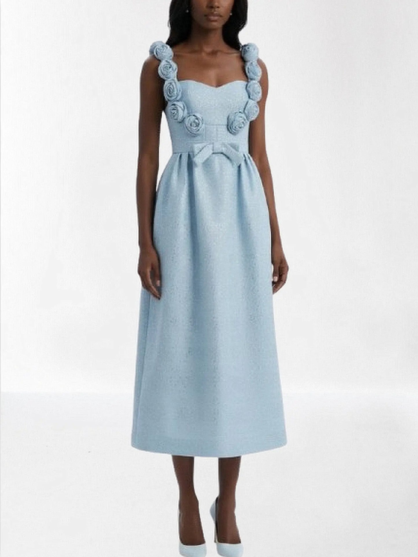Light Blue Rosette-Embellished Midi Dress - Dresses