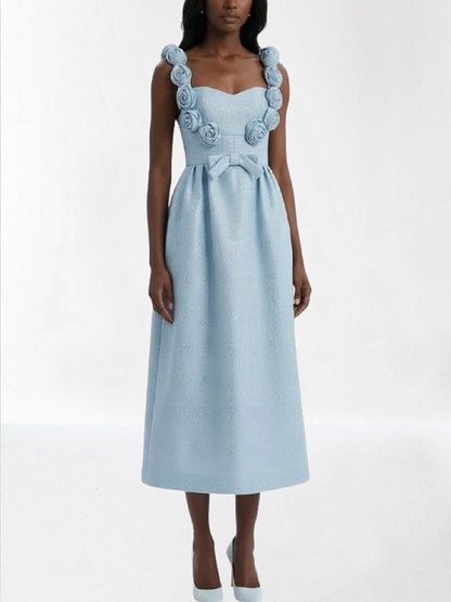 Light Blue Rosette-Embellished Midi Dress - Dresses