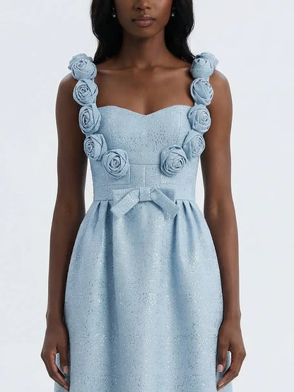 Light Blue Rosette-Embellished Midi Dress - Dresses