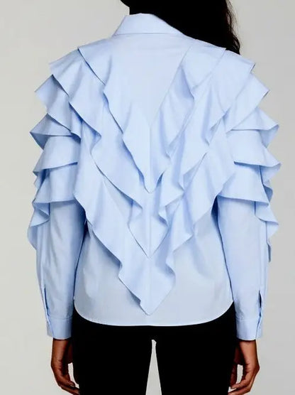 Light Blue Ruffled Cotton Button-Front Shirt - Tops