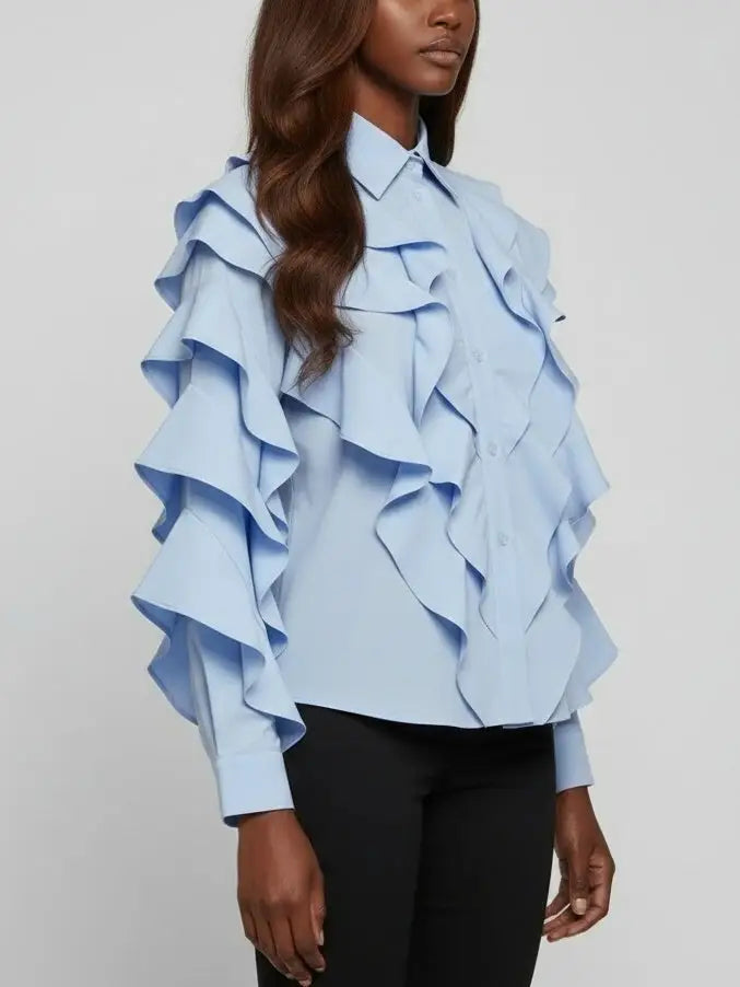 Light Blue Ruffled Cotton Button-Front Shirt - Tops