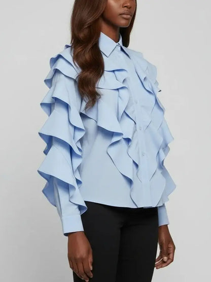 Light Blue Ruffled Cotton Button-Front Shirt - Tops