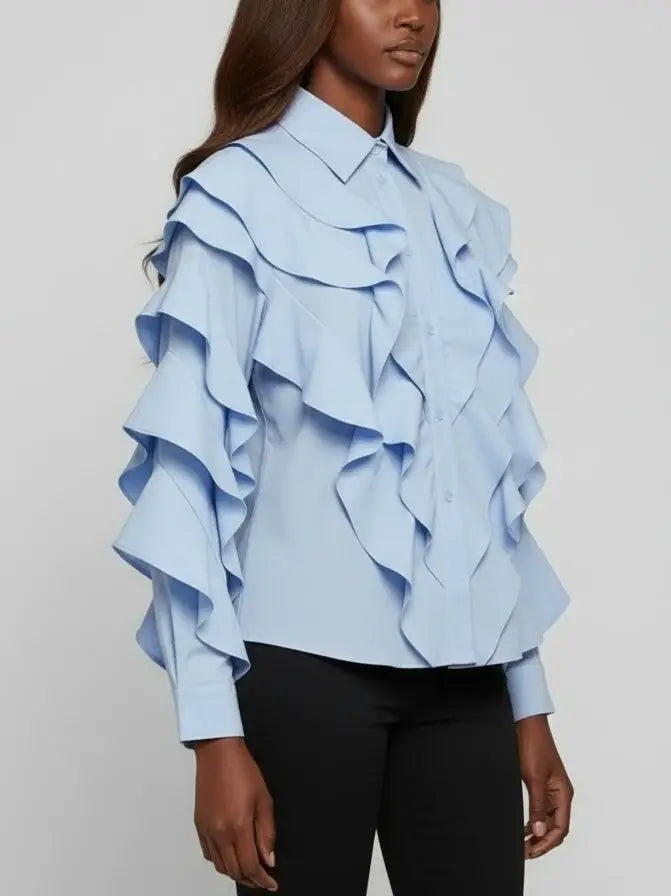 Light Blue Ruffled Cotton Button-Front Shirt - Tops