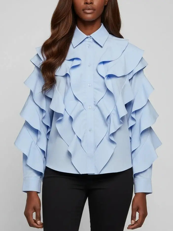 Light Blue Ruffled Cotton Button-Front Shirt - Tops