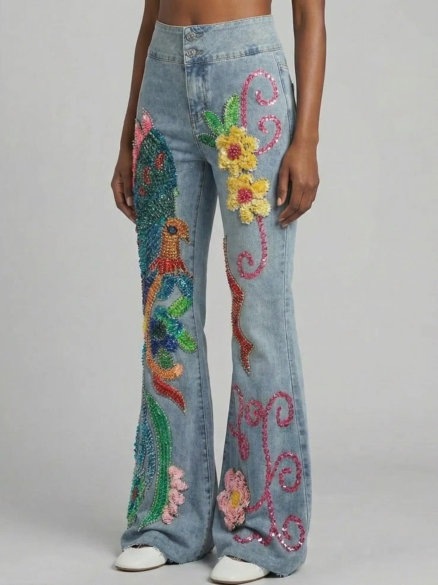 Light Blue Sequin and Beaded Flare Denim Jeans - Jeans & Pants