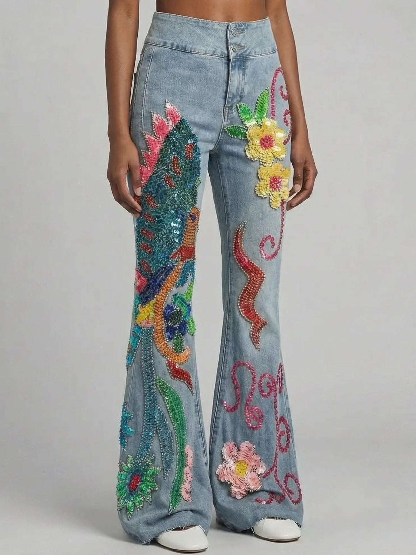 Light Blue Sequin and Beaded Flare Denim Jeans - Jeans & Pants