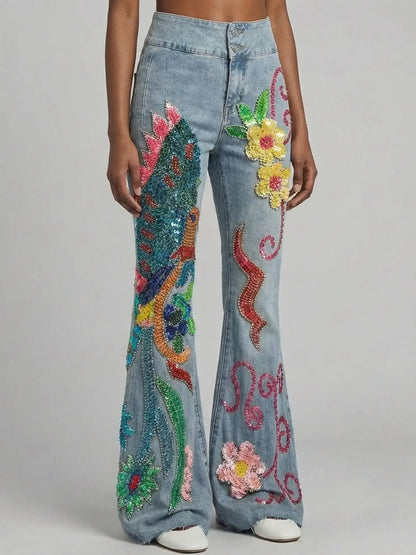 Light Blue Sequin and Beaded Flare Denim Jeans - Jeans & Pants