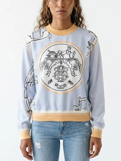 Light Blue Silk Equestrian Graphic Print Sweater - Sweaters & Knitwear