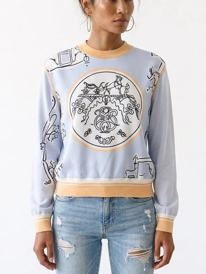 Light Blue Silk Equestrian Graphic Print Sweater - Sweaters & Knitwear