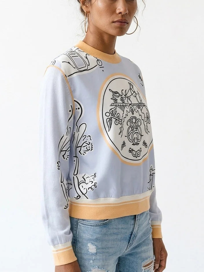 Light Blue Silk Equestrian Graphic Print Sweater - Sweaters & Knitwear