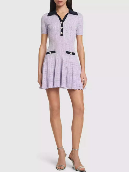 Lilac Knit Mini Dress with Flared Hem - Dresses