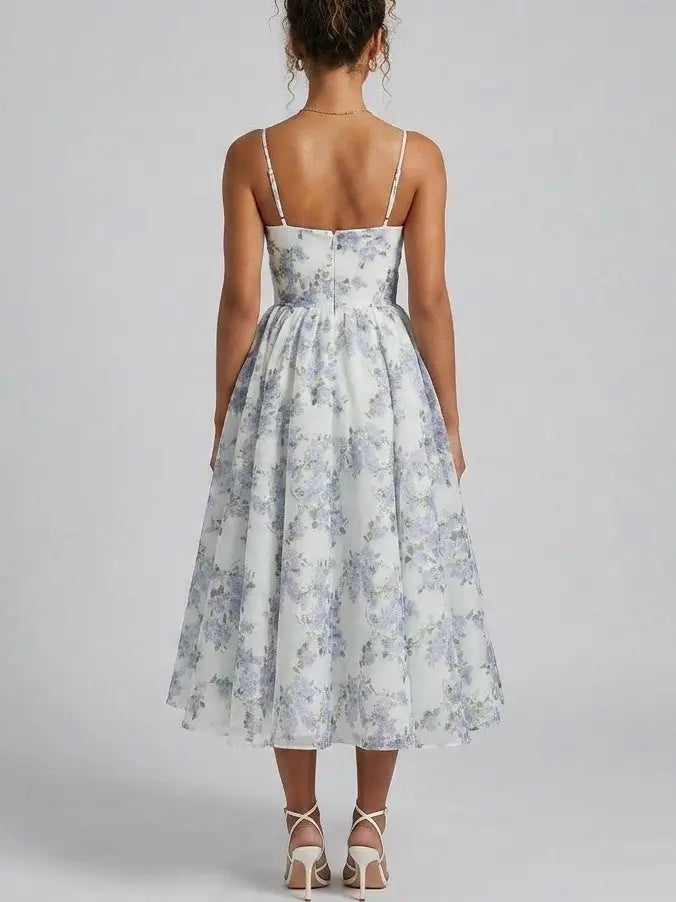 Lilac Floral Organza Fit and Flare Midi Dress - Dresses