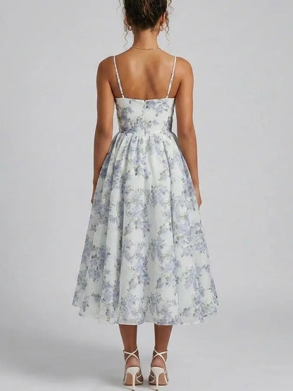 Lilac Floral Organza Fit and Flare Midi Dress - Dresses