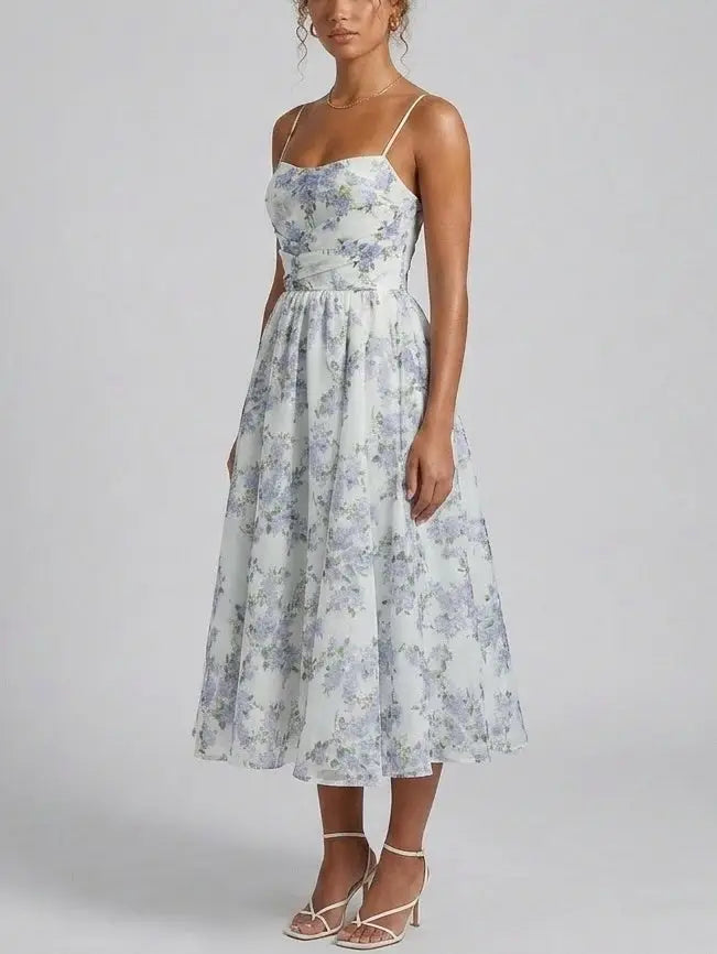 Lilac Floral Organza Fit and Flare Midi Dress - Dresses