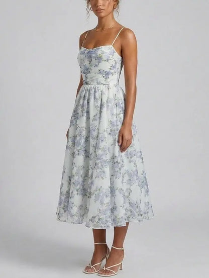 Lilac Floral Organza Fit and Flare Midi Dress - Dresses