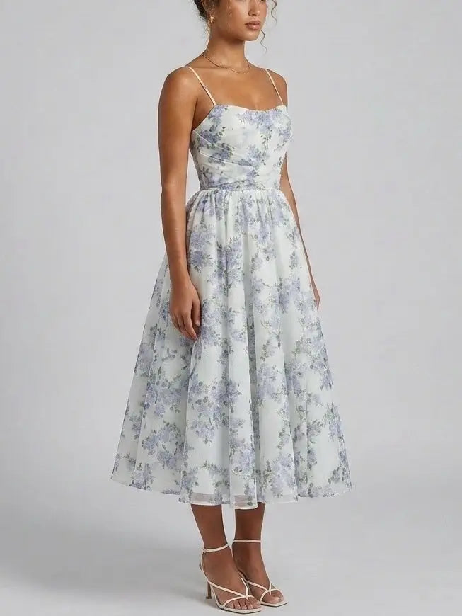 Lilac Floral Organza Fit and Flare Midi Dress - Dresses