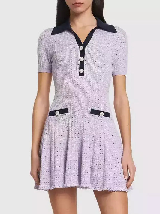 Lilac Knit Mini Dress with Flared Hem - Small - Dresses