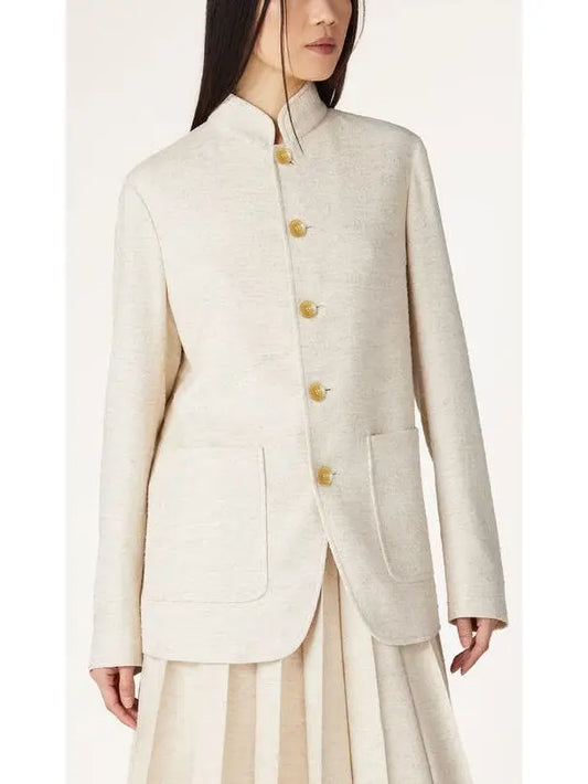 Linen-Blend Single Breasted High-Collar Jacket - Branna Couture