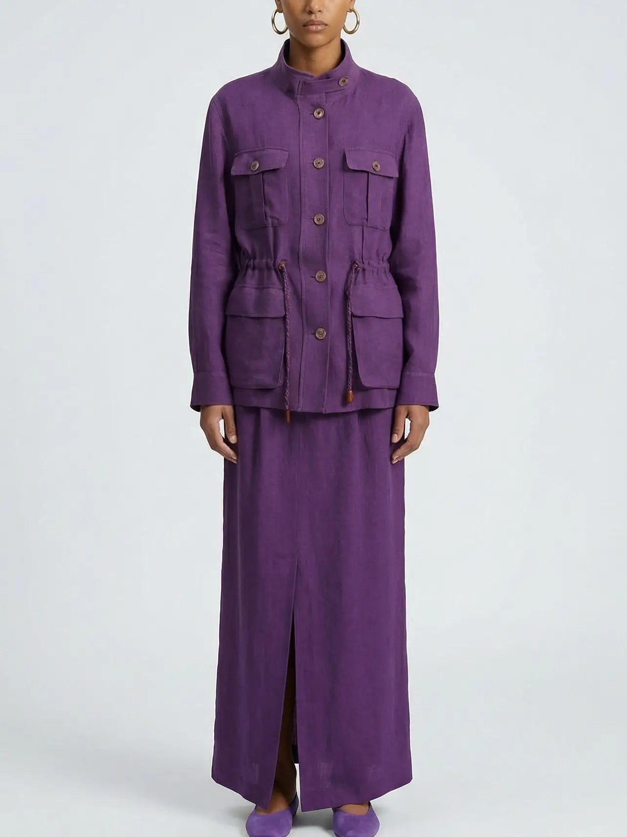 Linen Utility Jacket and Maxi Skirt Set - Suits & Sets