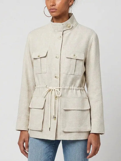 Linen Safari Jacket with Drawstring Waist - Jackets