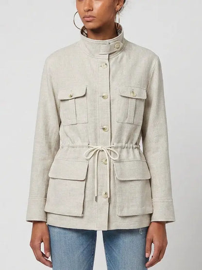 Linen Safari Jacket with Drawstring Waist - Jackets