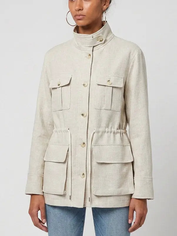 Linen Safari Jacket with Drawstring Waist - Jackets