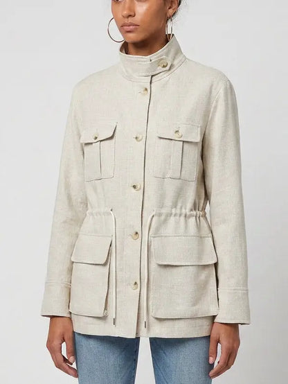 Linen Safari Jacket with Drawstring Waist - Jackets