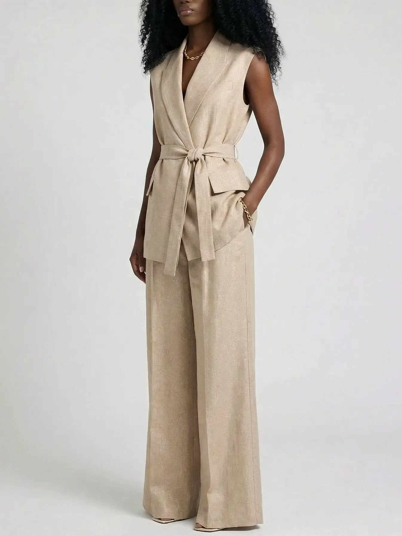 Linen Sleeveless Blazer and Wide-Leg Trouser Set - Suits & Sets