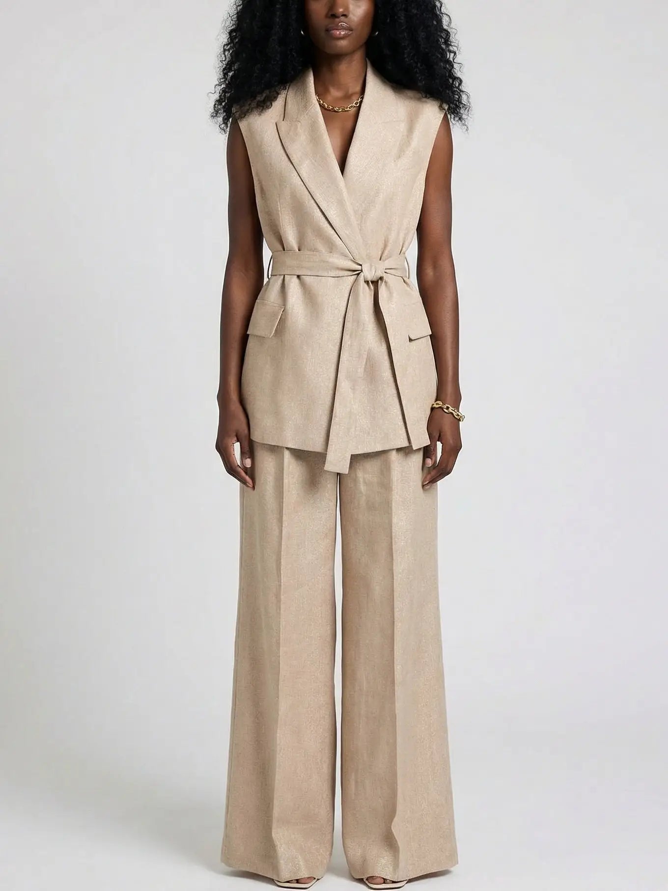 Linen Sleeveless Blazer and Wide-Leg Trouser Set - Suits & Sets