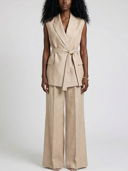 Linen Sleeveless Blazer and Wide-Leg Trouser Set - Suits & Sets