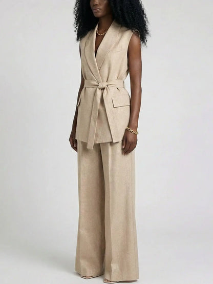 Linen Sleeveless Blazer and Wide-Leg Trouser Set - Suits & Sets