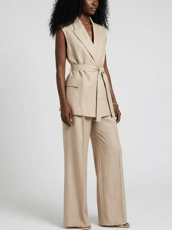 Linen Sleeveless Blazer and Wide-Leg Trouser Set - Suits & Sets