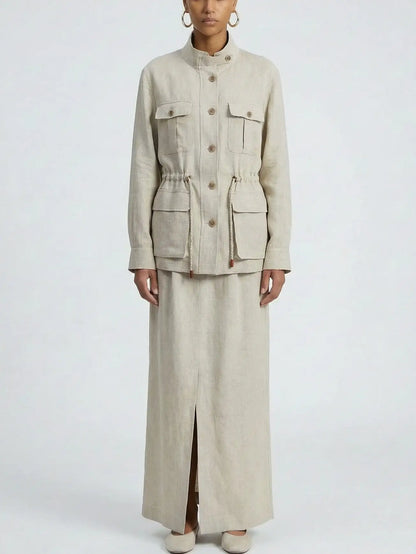 Linen Utility Jacket and Maxi Skirt Set - S / Light Beige - Suits & Sets